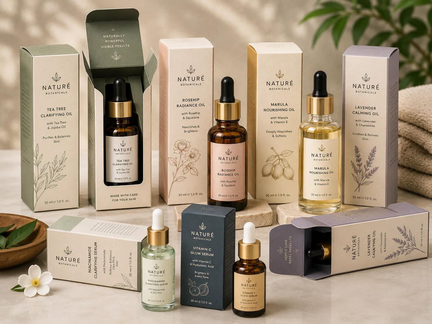 Personal care oil and serum bottles in protective cartons
