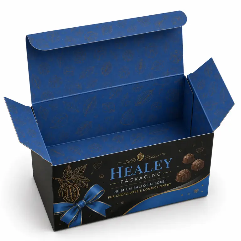 Open printed ballotin box with luxury blue interior