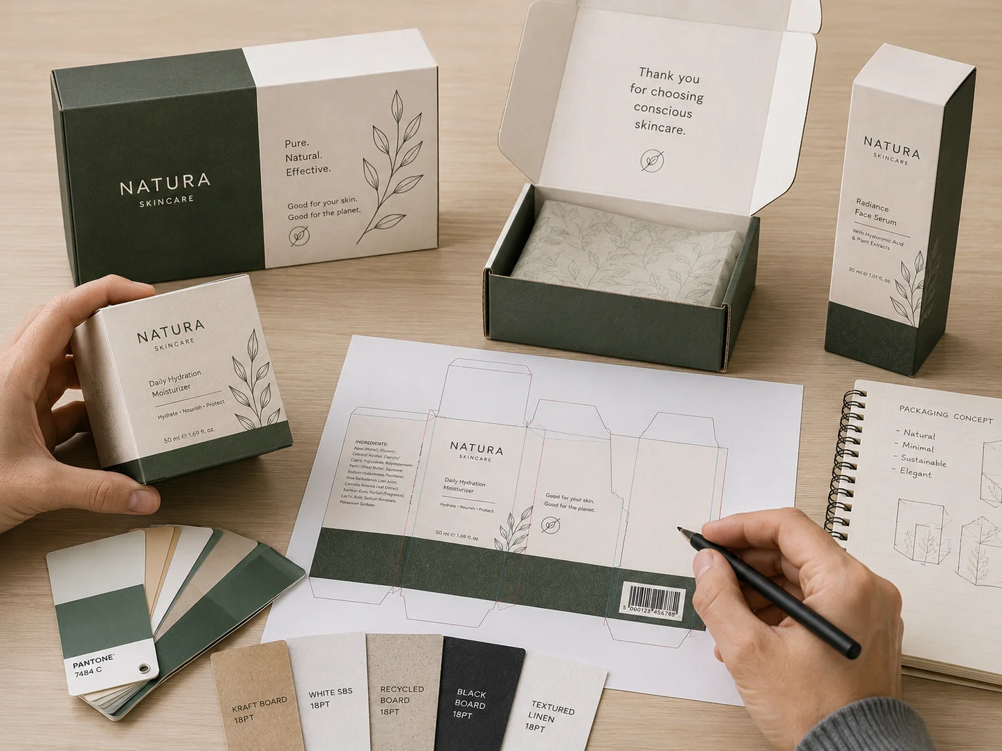 Printed packaging sample and dieline under review