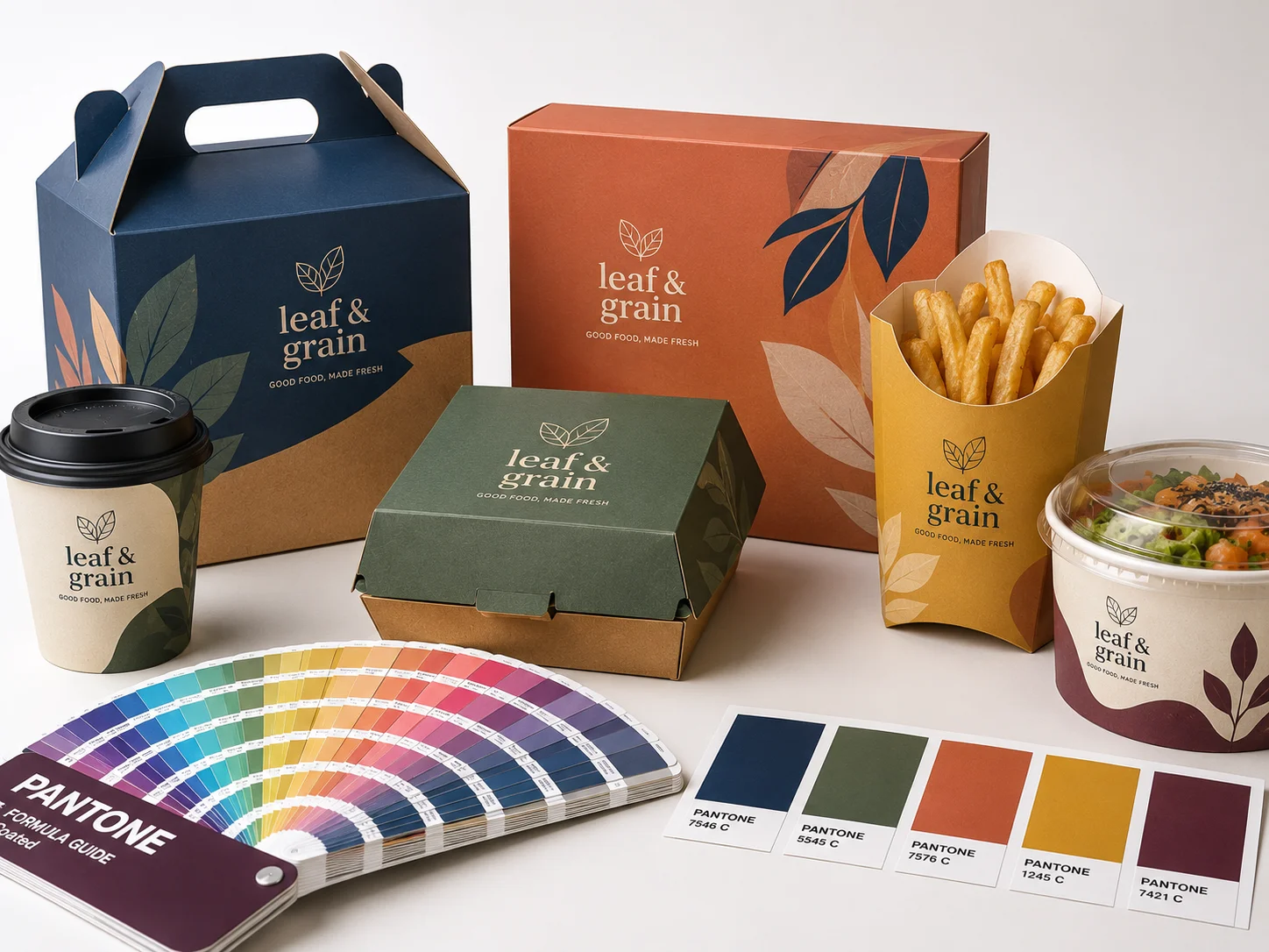 Pantone colour swatches beside branded food packaging