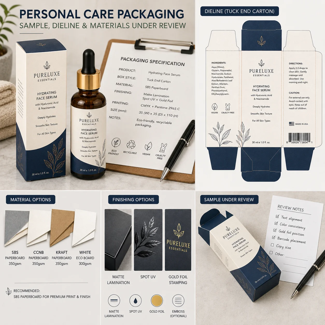 Personal care packaging sample, dieline and materials under review