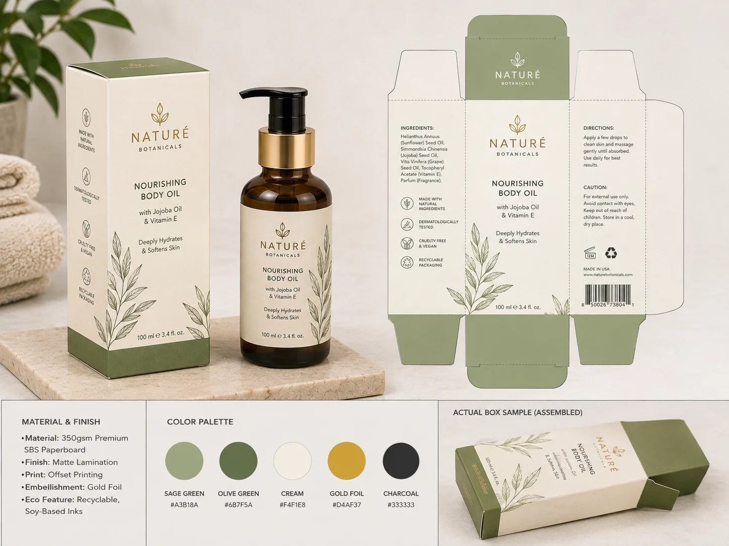 Personal care carton sample reviewed with bottle and dieline