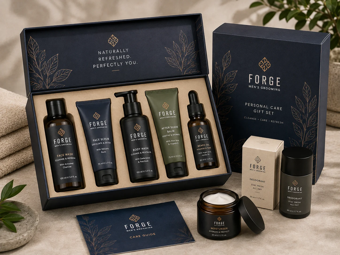 Personal care gift set with multiple products in packaging