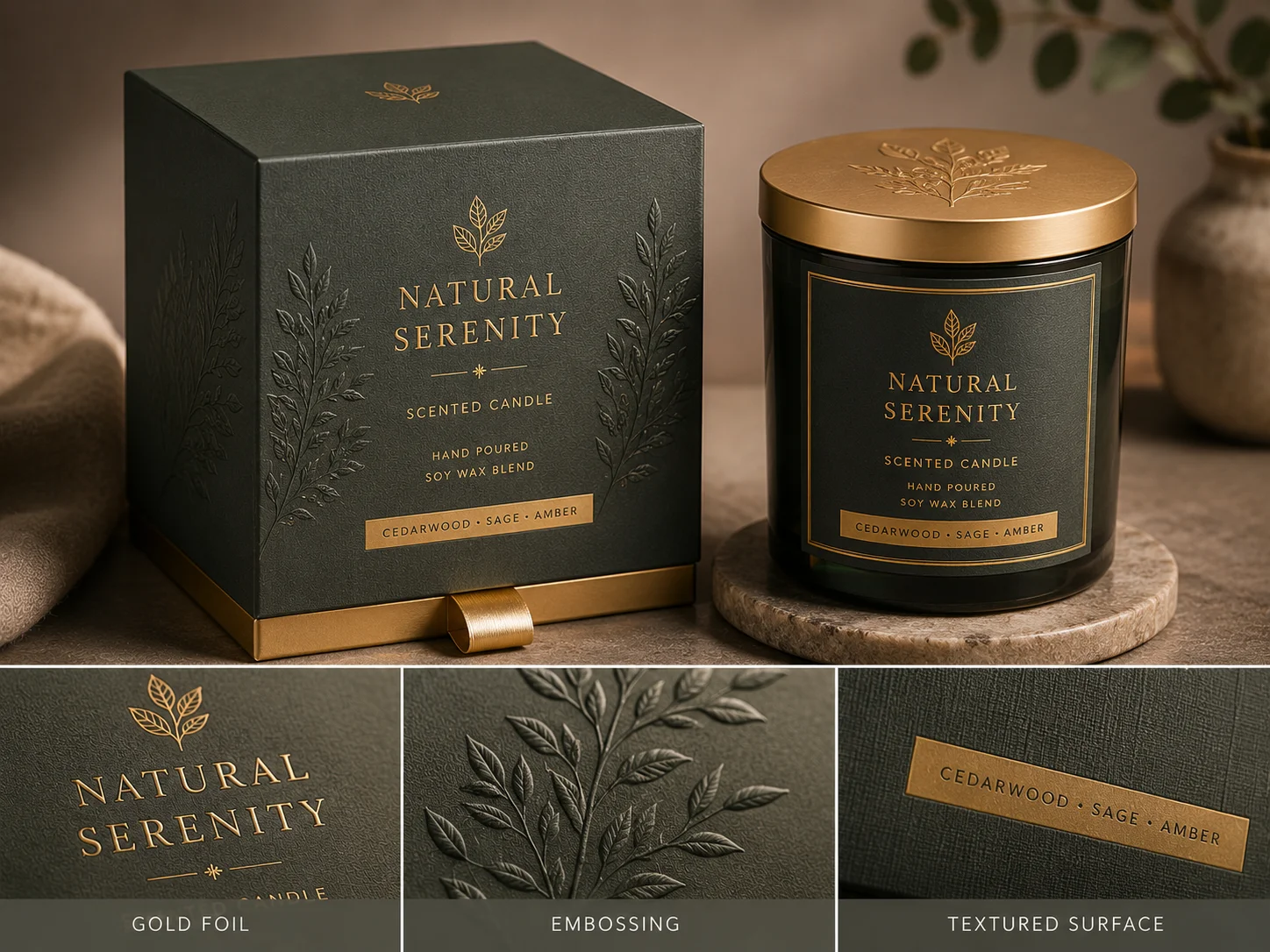 Premium candle packaging showing foil, embossing and textured surfaces