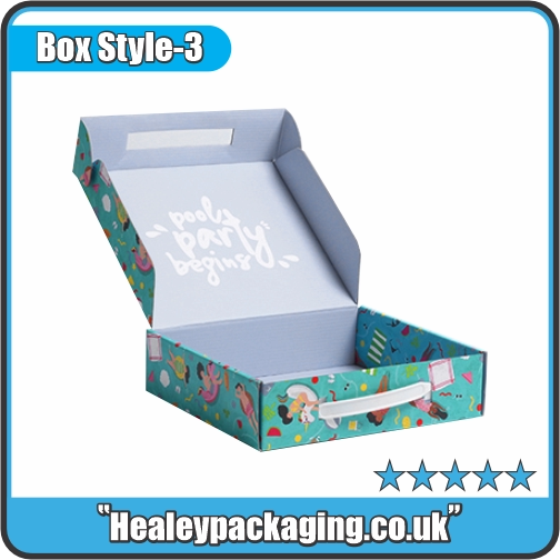 Open printed suitcase box with practical carry handle