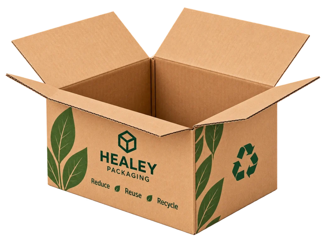 Open corrugated shipping box with recyclable leaf print