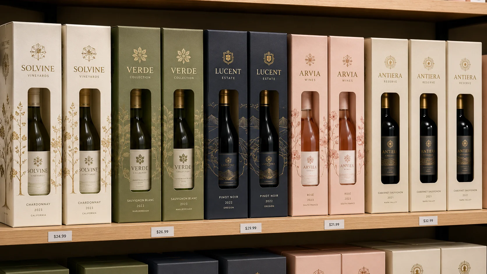 Printed bottle cartons arranged for retail shelf display