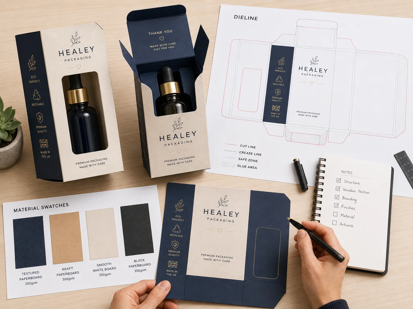 Retail packaging sample, dieline and material swatches under review