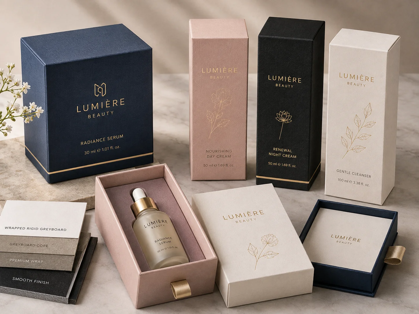 Wrapped rigid greyboard used for luxury cosmetic packaging