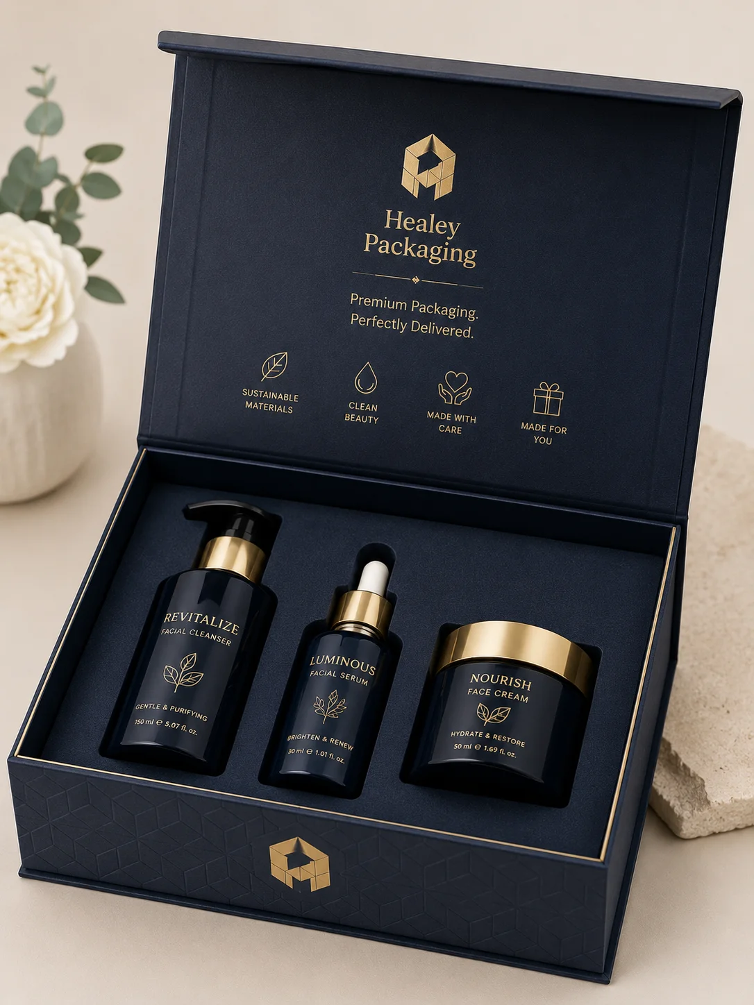 Rigid presentation box for premium personal care products