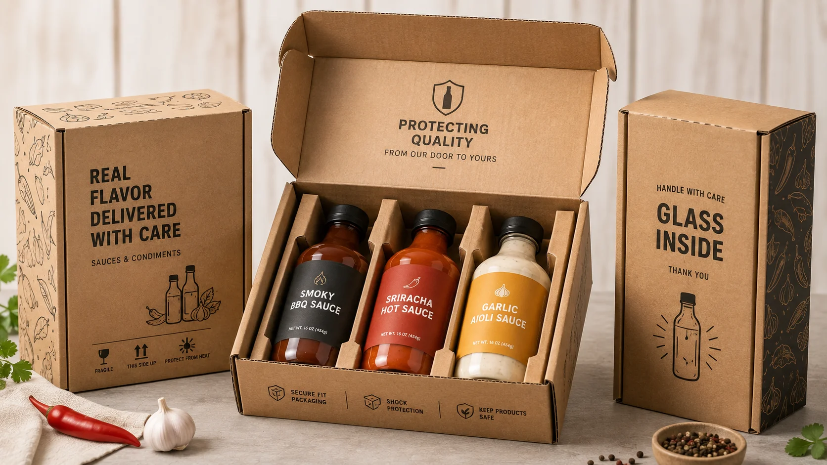 Protective cardboard packaging for sauce and condiment bottles