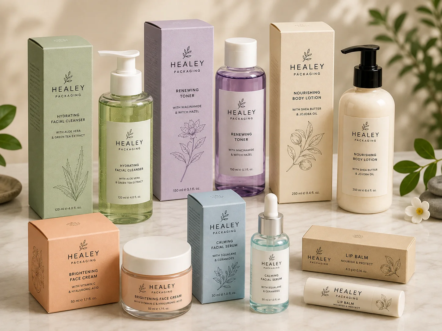 Skincare and body care products with retail cartons