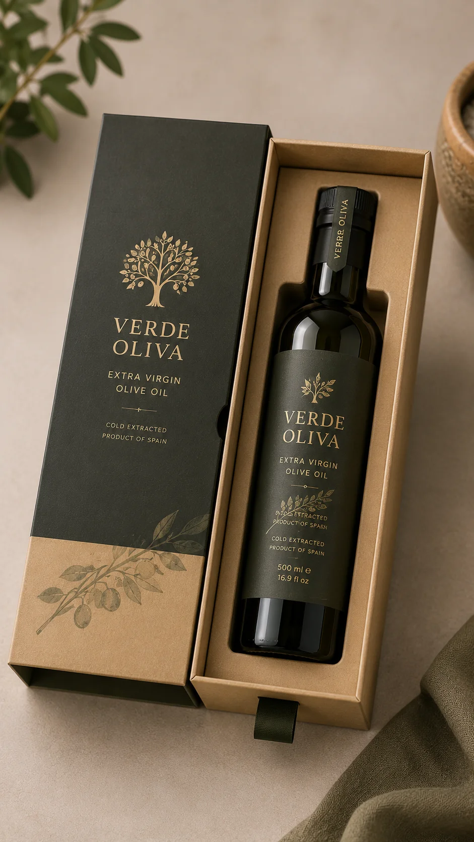 Sliding sleeve box with internal tray holding a bottle