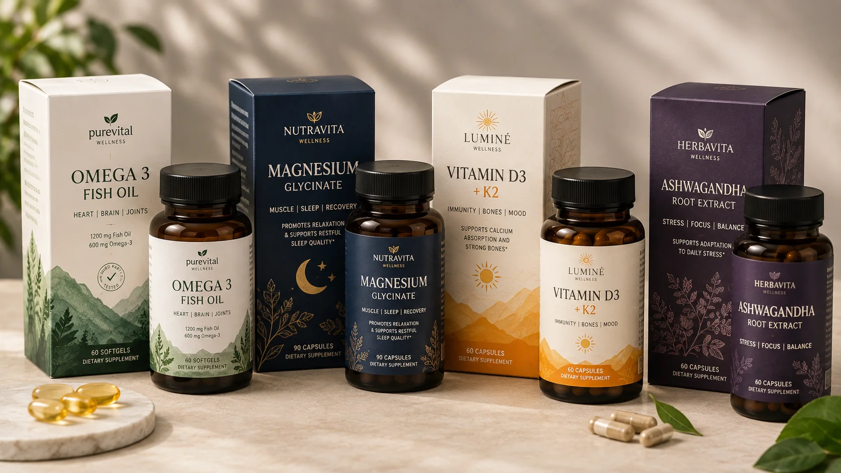 Printed retail cartons for supplement and wellness bottles