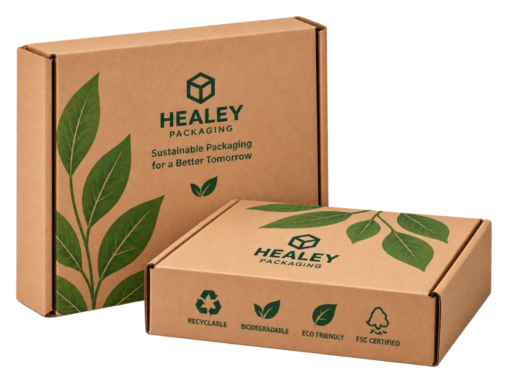 Kraft mailer boxes with recyclable packaging symbols