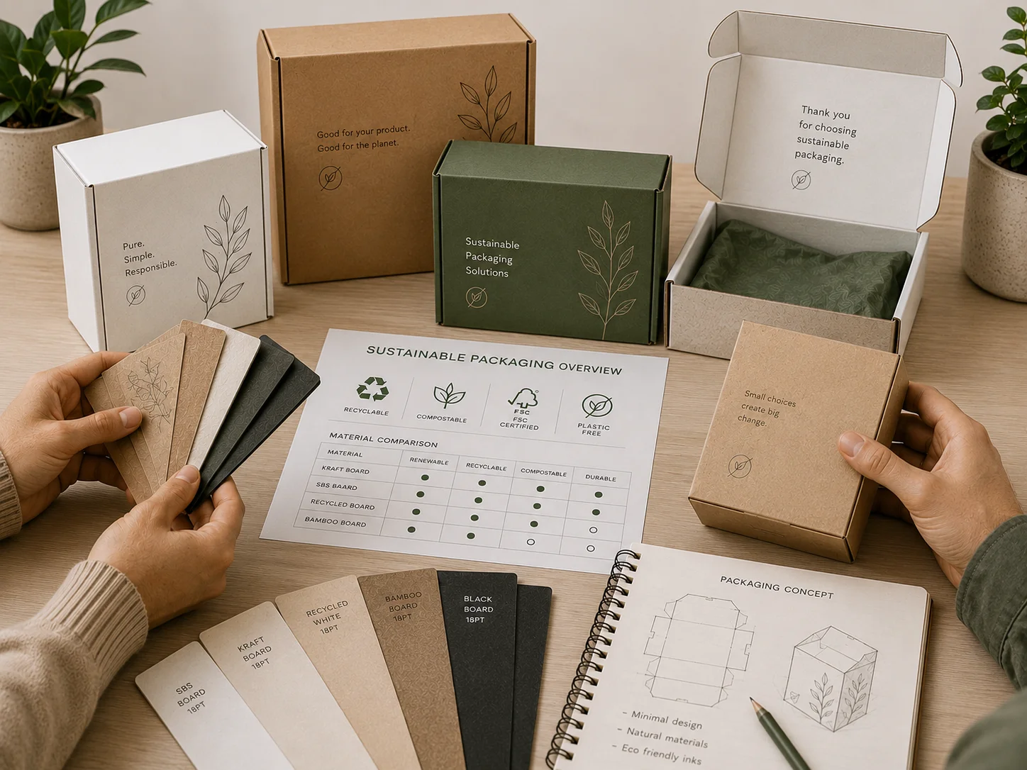 Board samples and sustainable packaging being reviewed