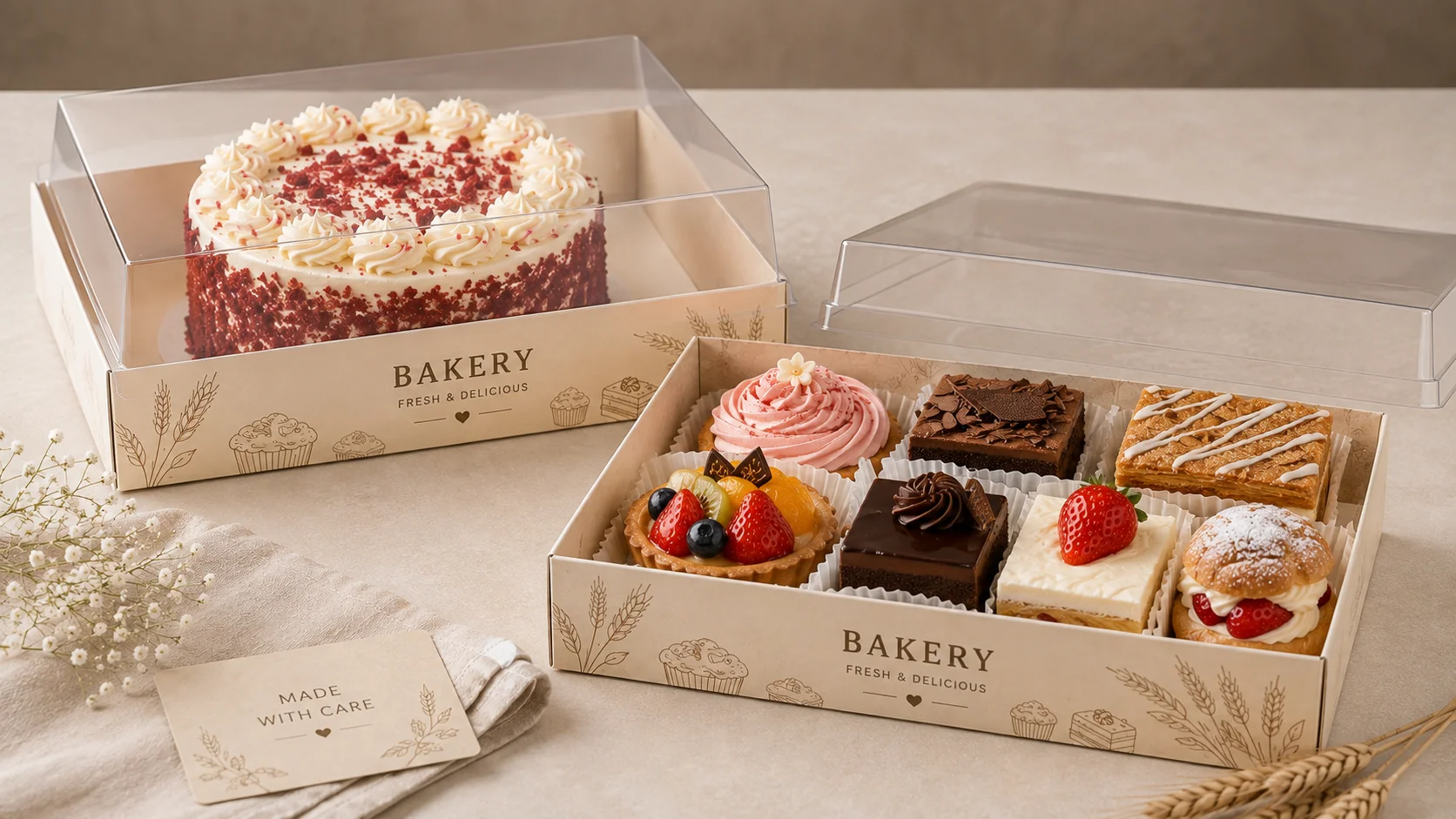 Bakery tray and lid box for decorated cakes and pastry selections