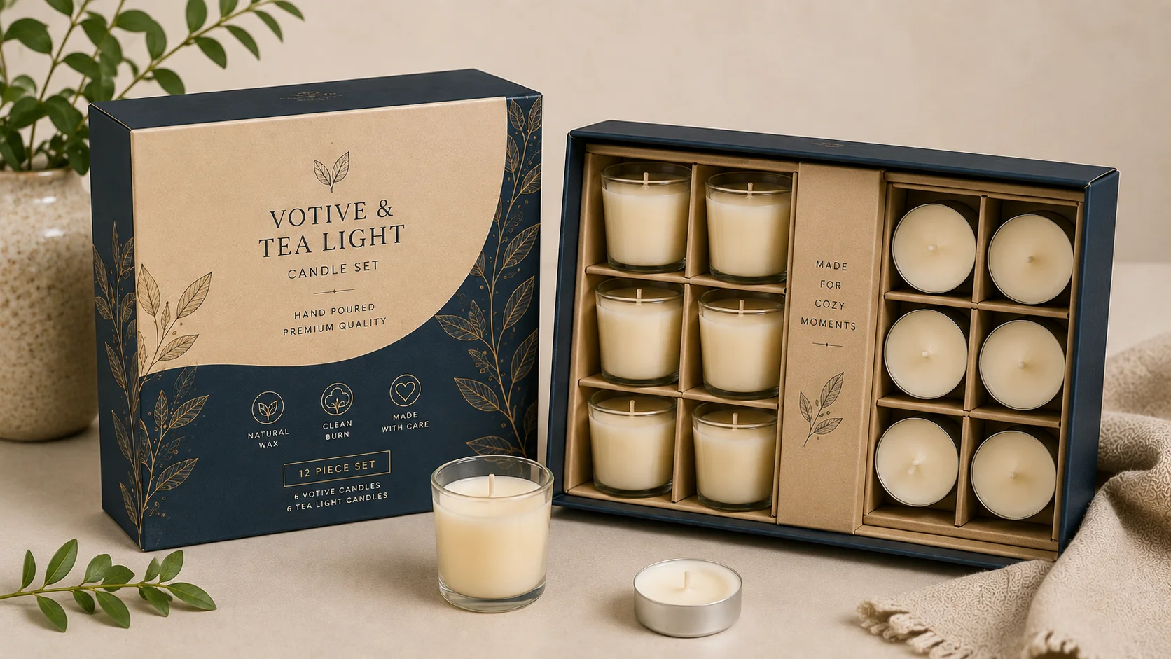 Compartmented packaging for votive candles and tea light sets