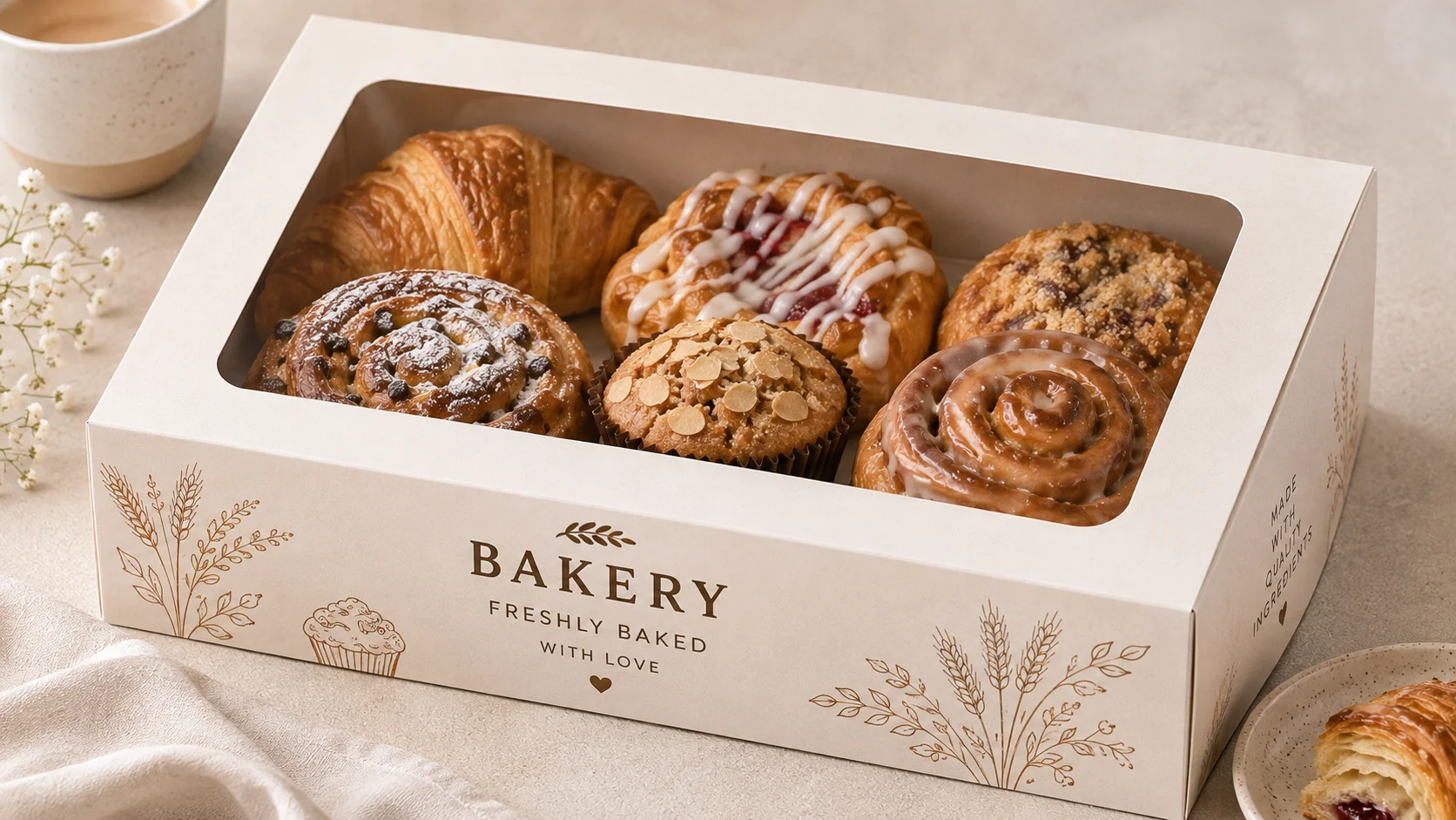 Printed bakery window box displaying pastries