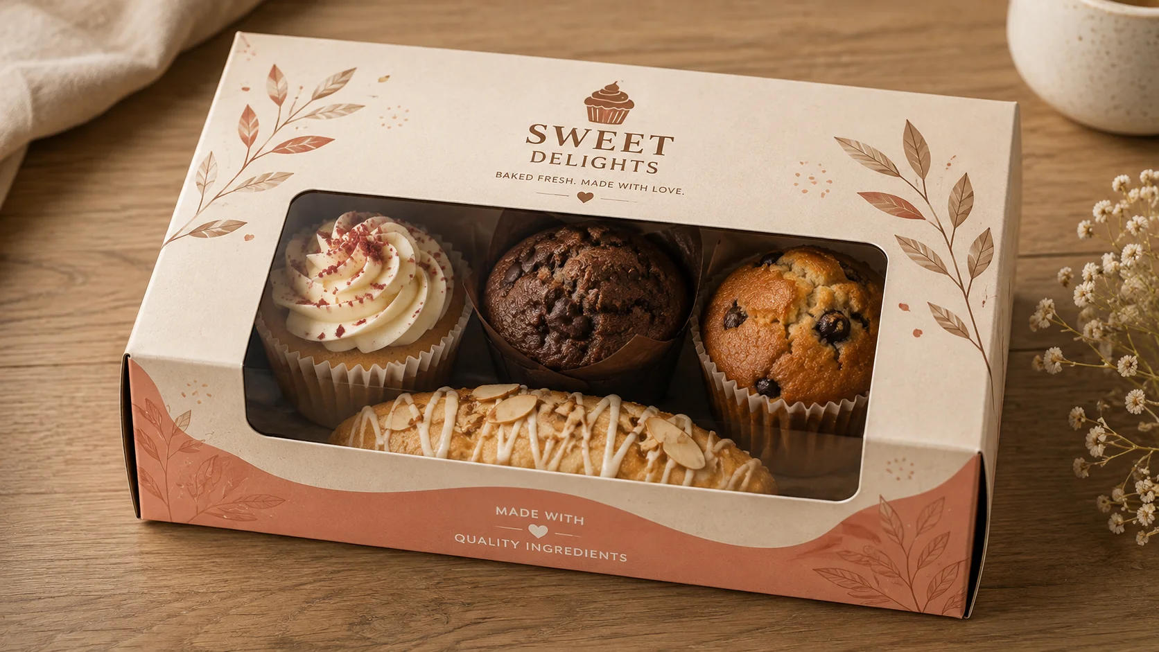 Window cut-out showing bakery products inside a printed box