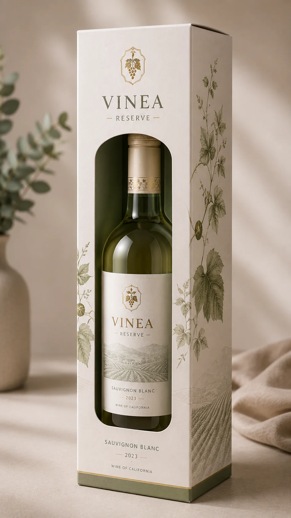 Die-cut window revealing a bottle inside printed packaging