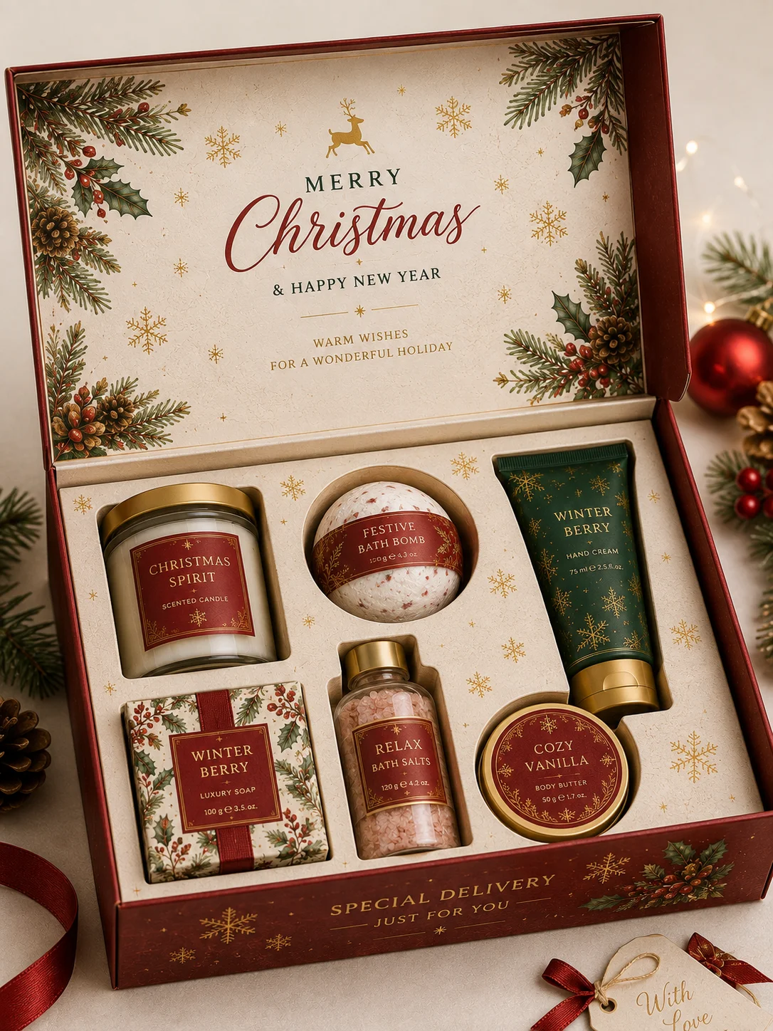Christmas gift box with insert holding multiple products