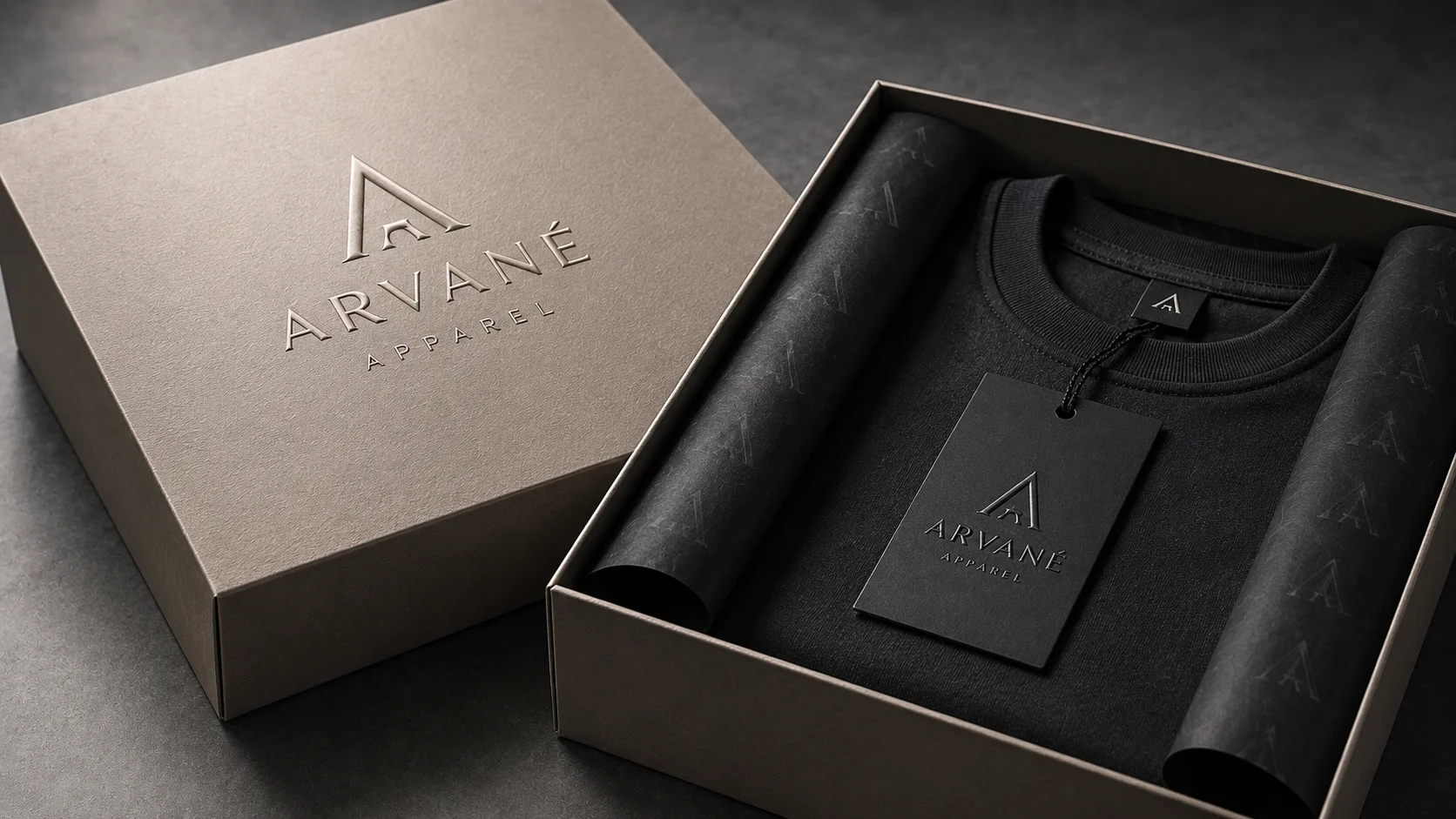 Embossed logo detail on apparel packaging