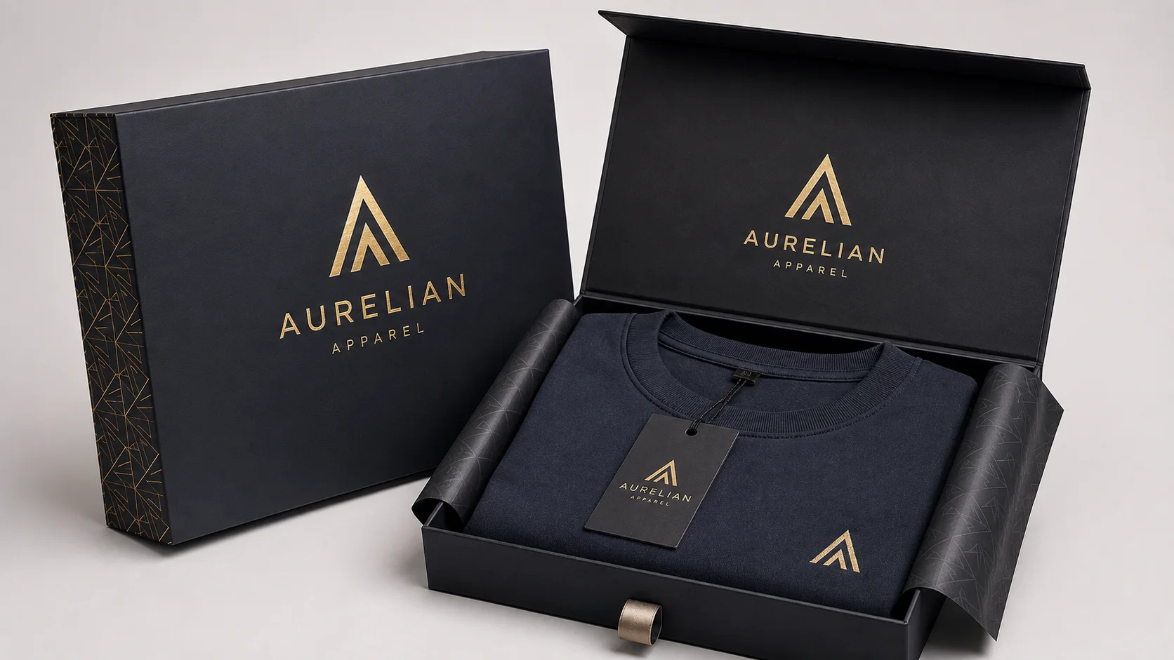 Metallic foil logo on premium apparel packaging