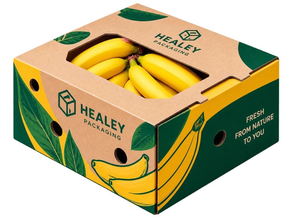 Printed corrugated produce box packed with fresh bananas