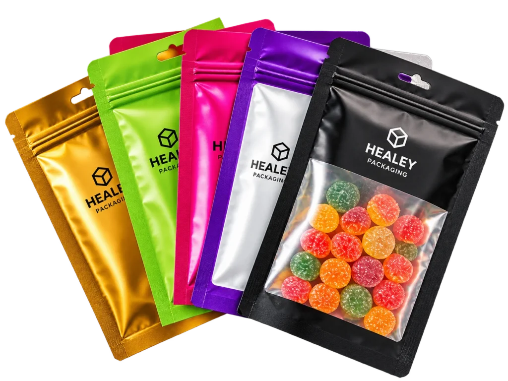 Colourful resealable Mylar bags with clear product window