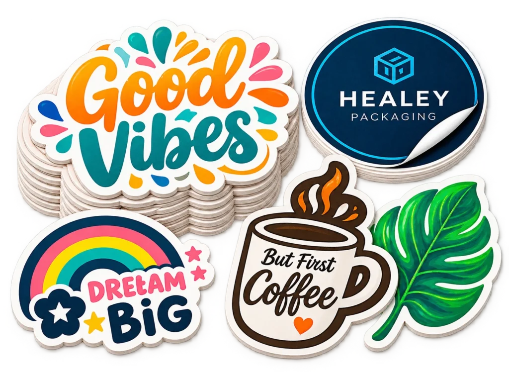 Custom die-cut stickers in colourful shapes and designs