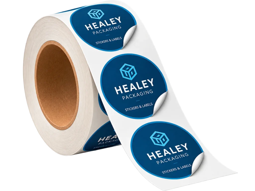 Custom printed stickers and labels on a branded roll
