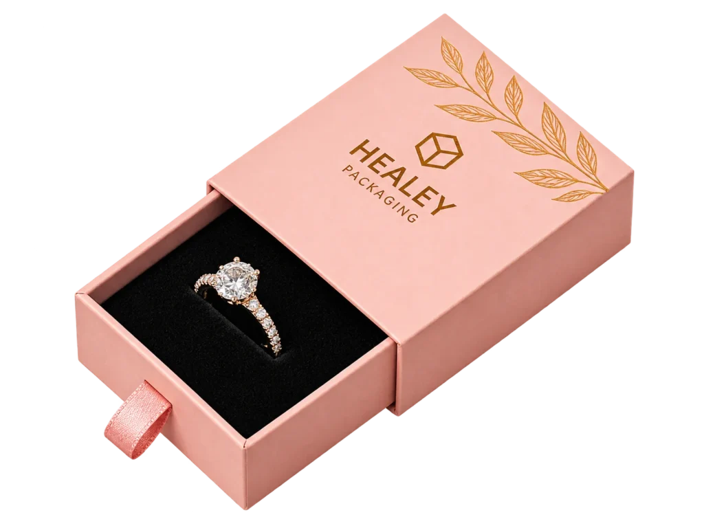 Pink drawer jewellery box with velvet insert for ring