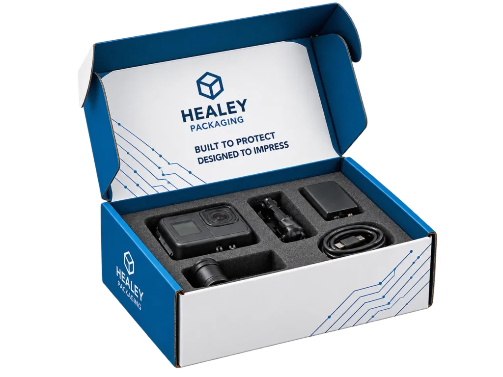 Custom electronics packaging box with protective foam insert