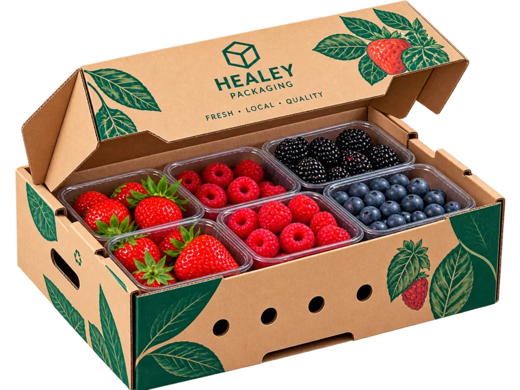 Ventilated corrugated produce box filled with fresh berries