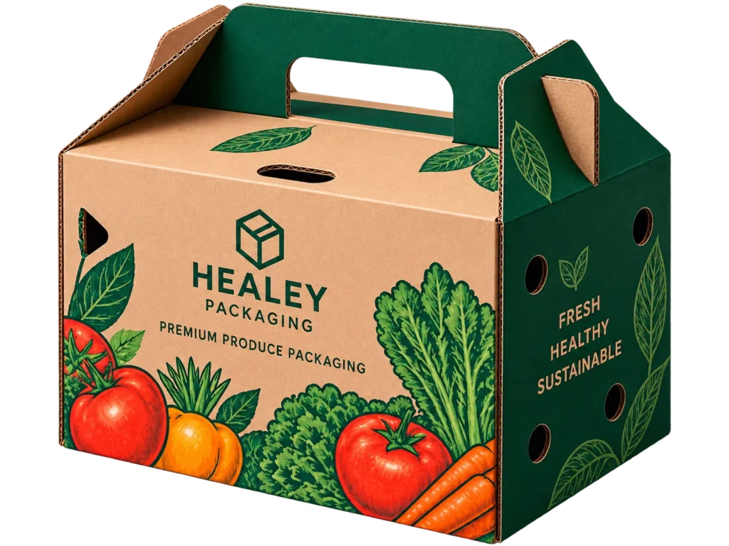 Corrugated carry box designed for fresh vegetable produce