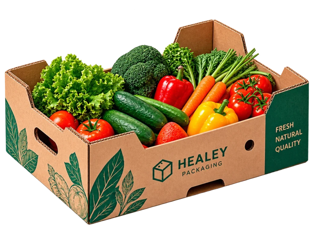 Corrugated produce box packed with fresh vegetables