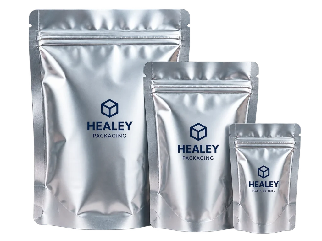 Silver Mylar stand up pouches in different packaging sizes