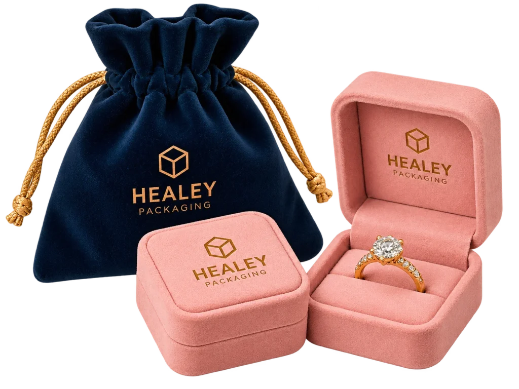 Velvet jewellery boxes and drawstring pouch for rings