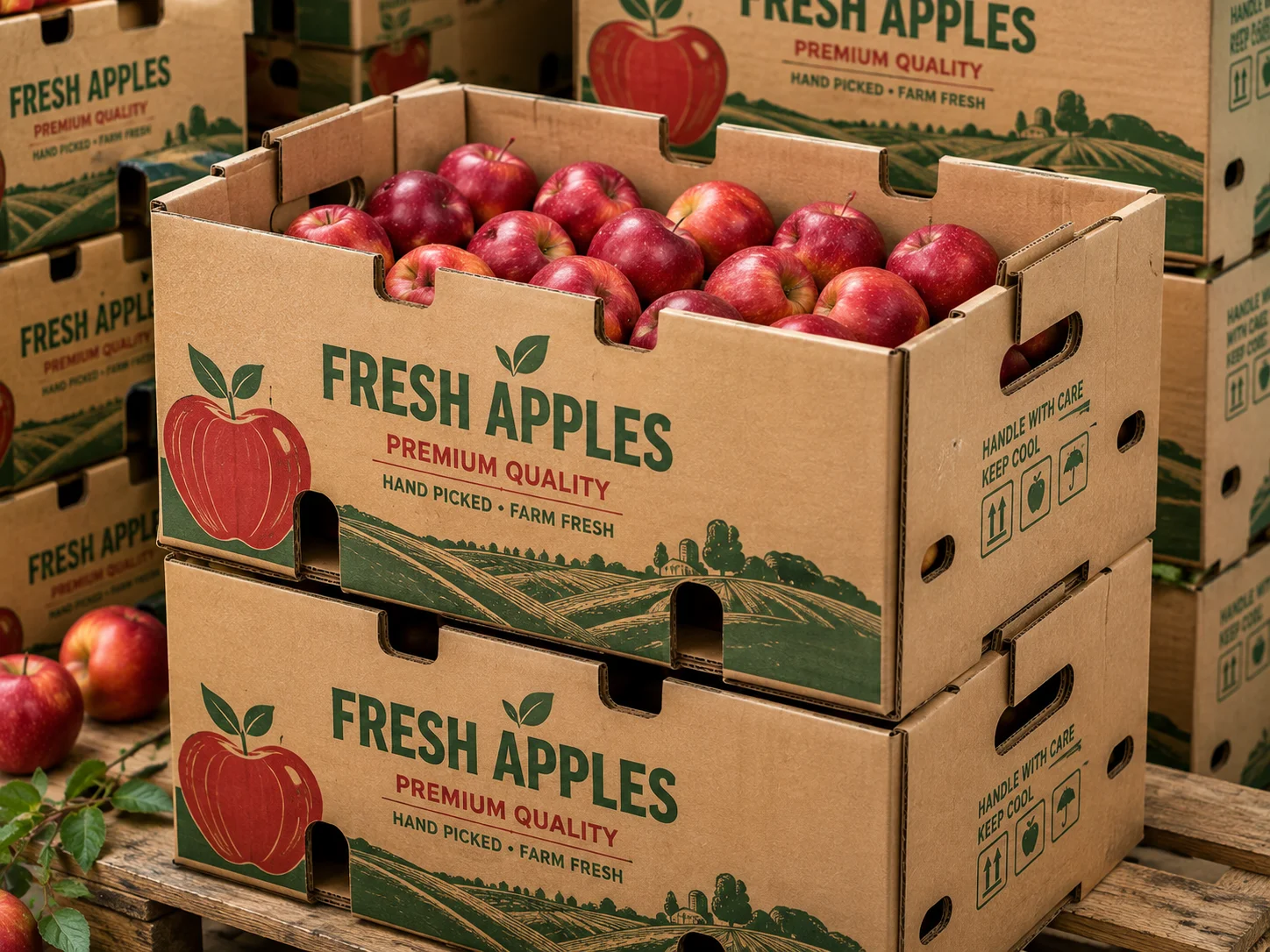 Apple produce boxes designed for stacking and transport