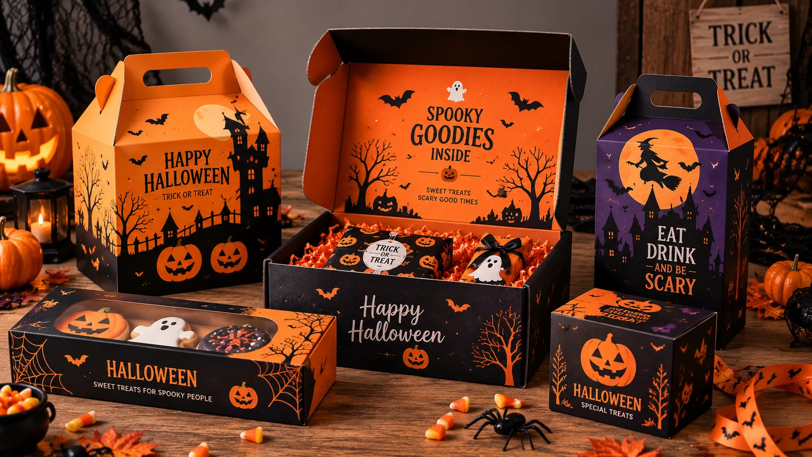 Custom printed Halloween boxes with branded seasonal artwork