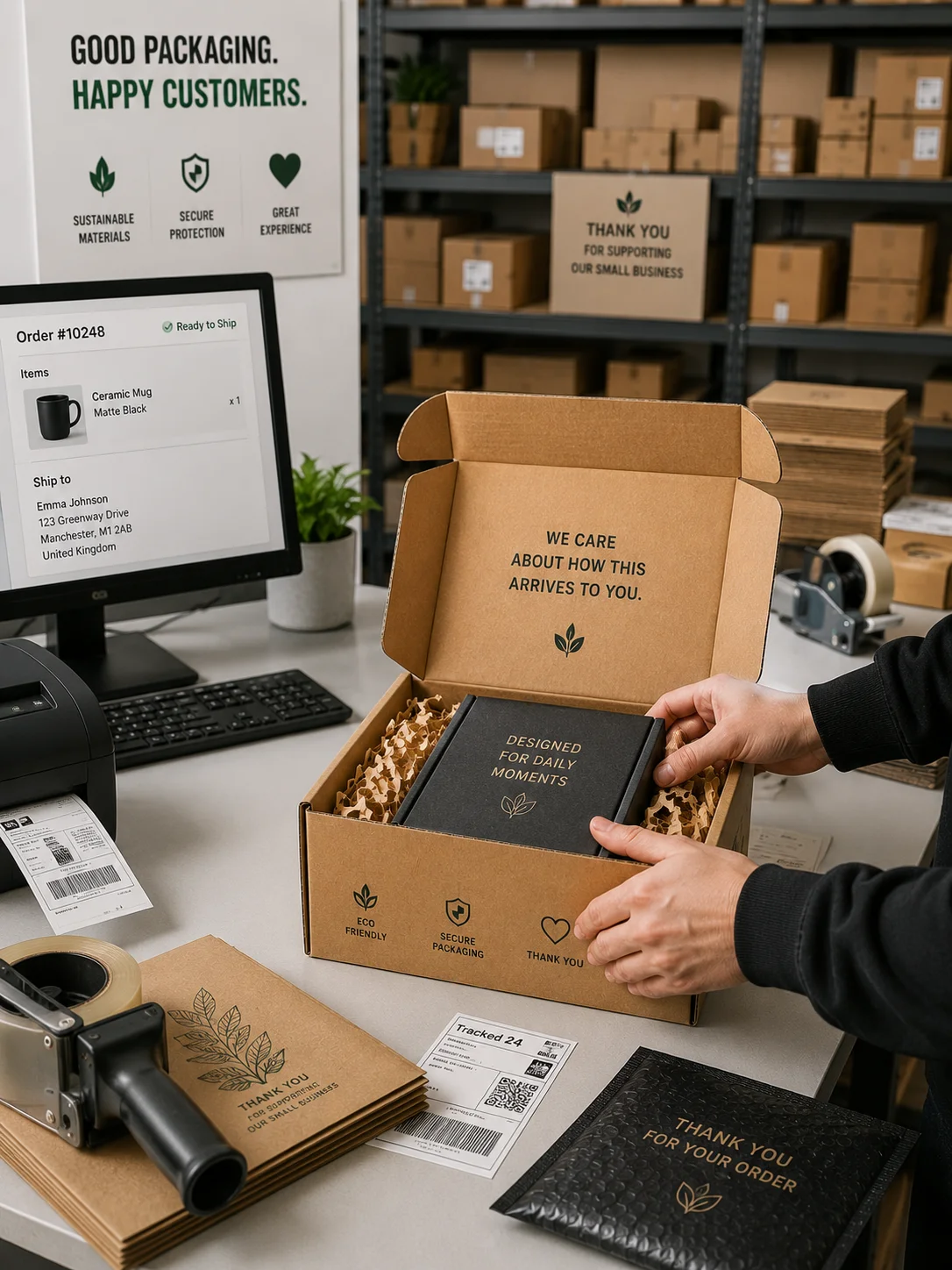 Ecommerce packaging being prepared at a fulfilment packing station