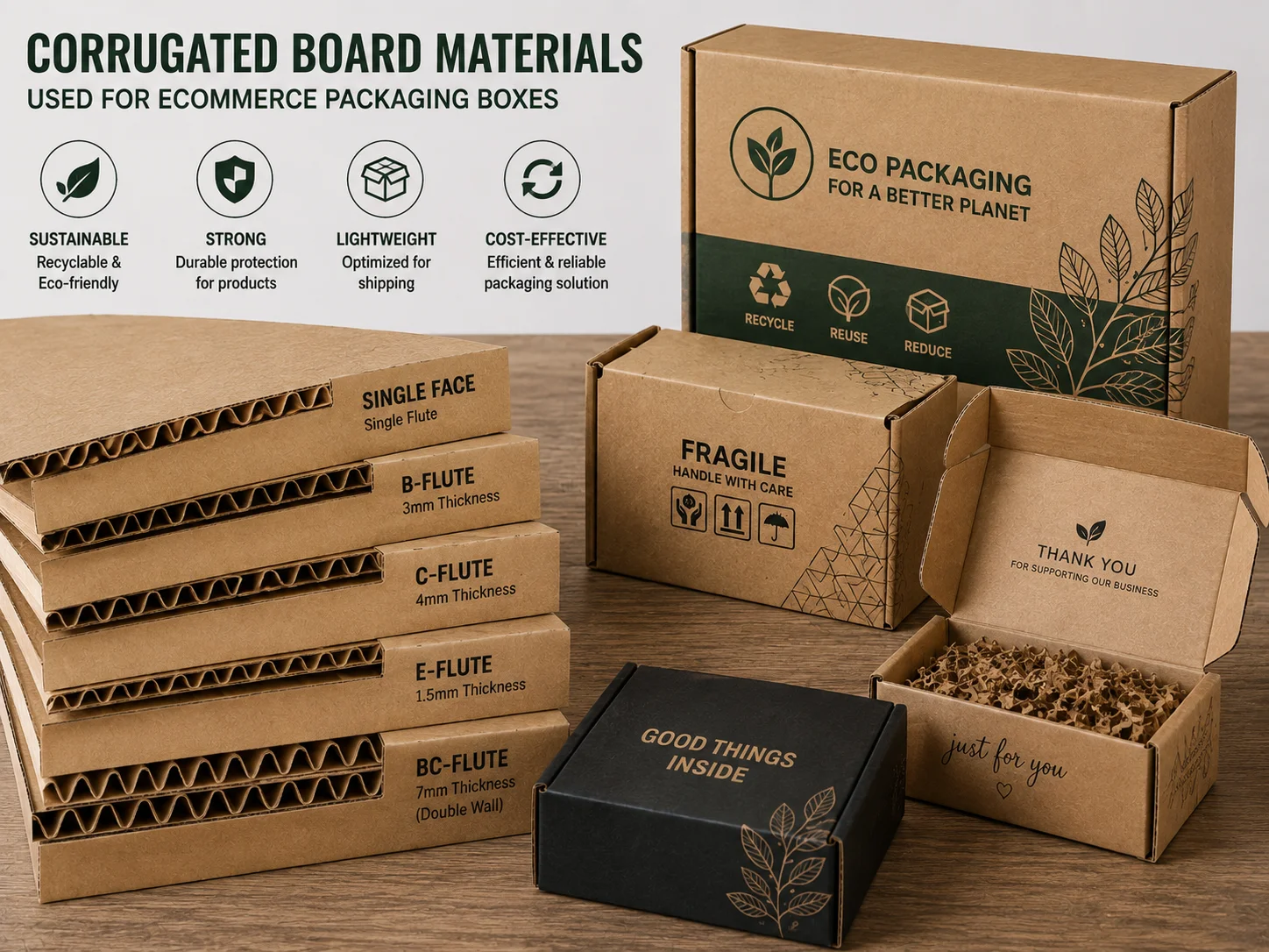 Corrugated board materials used for ecommerce packaging boxes
