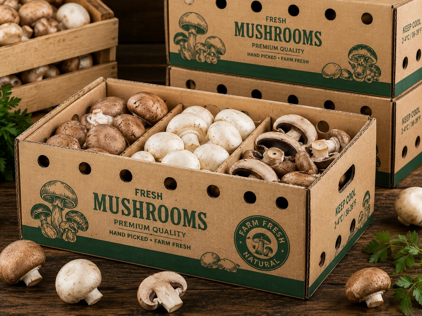 Fresh mushroom produce boxes with ventilation