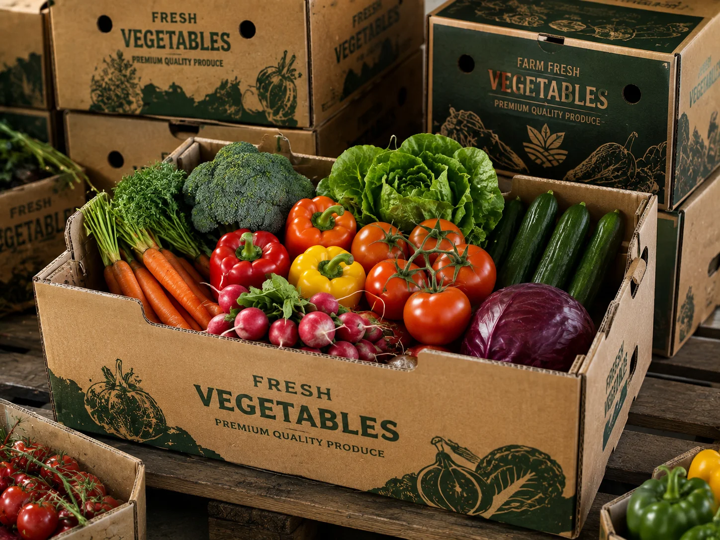 Corrugated produce boxes packed with fresh vegetables