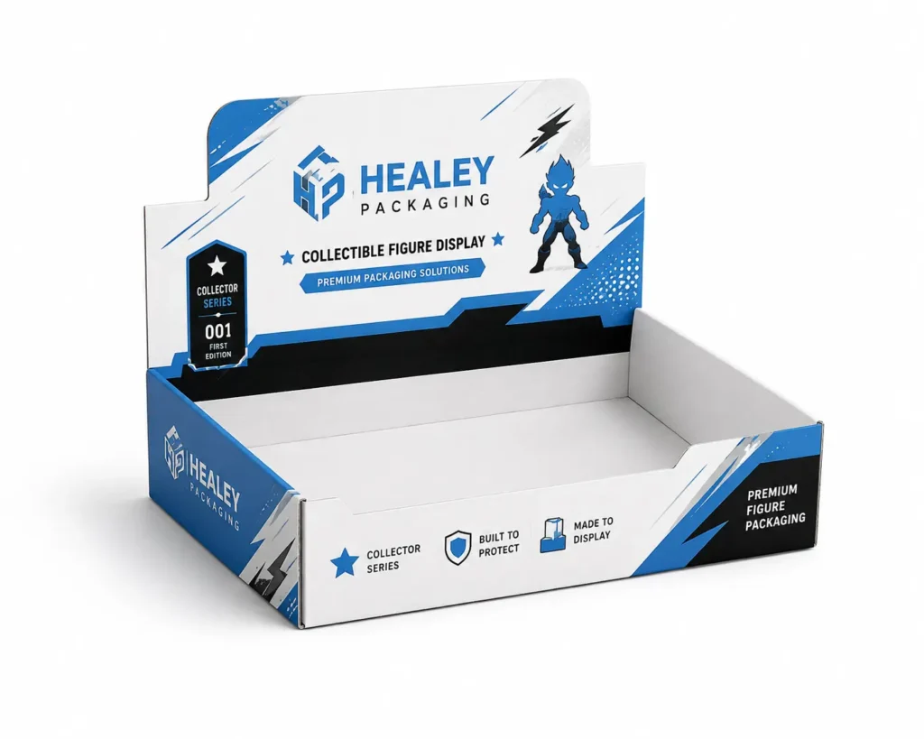 Open cardboard action figure display tray with a printed header and blue branding.