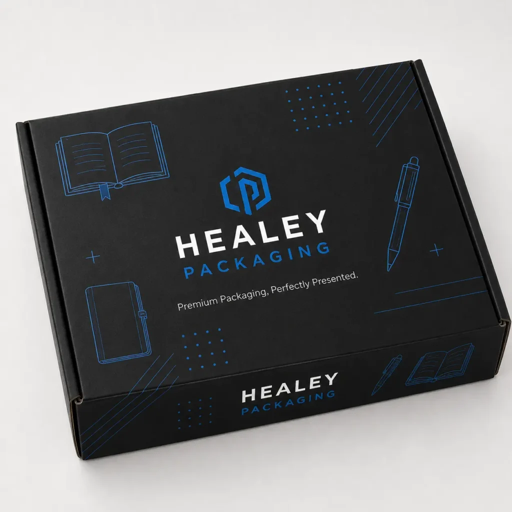 Closed black notebook mailer box featuring blue stationery illustrations