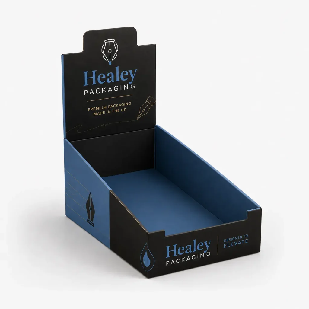 Blue and black pen display box with open front, raised header