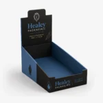 Blue and black pen display box with open front, raised header