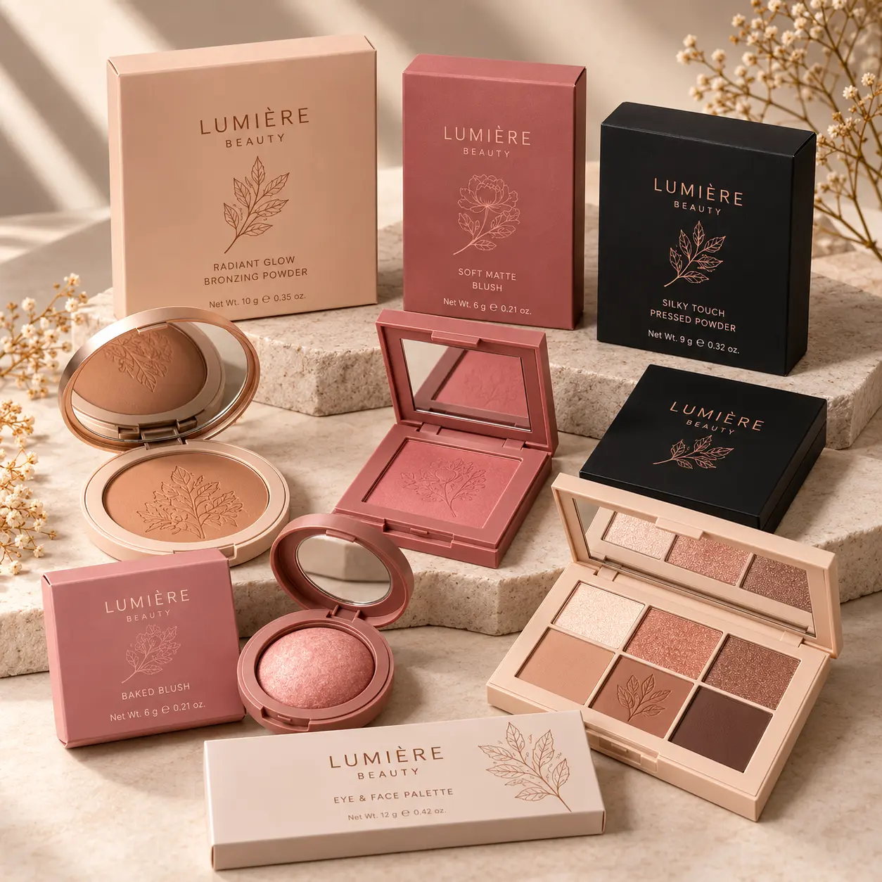 Cosmetic packaging for compacts, blushes and makeup palettes